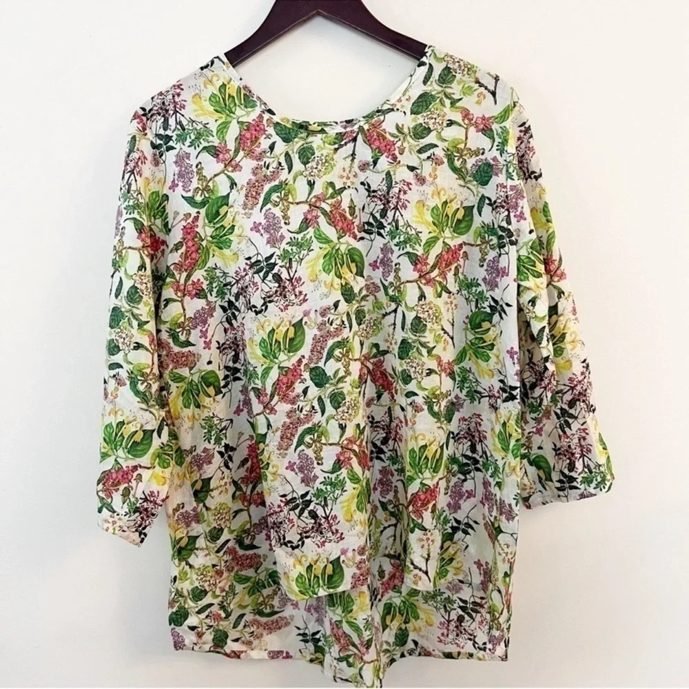 Jiva Clothing Floral Raime Green Tunic Blouse 3/4 Sleeves Size 2 (10-12 US)